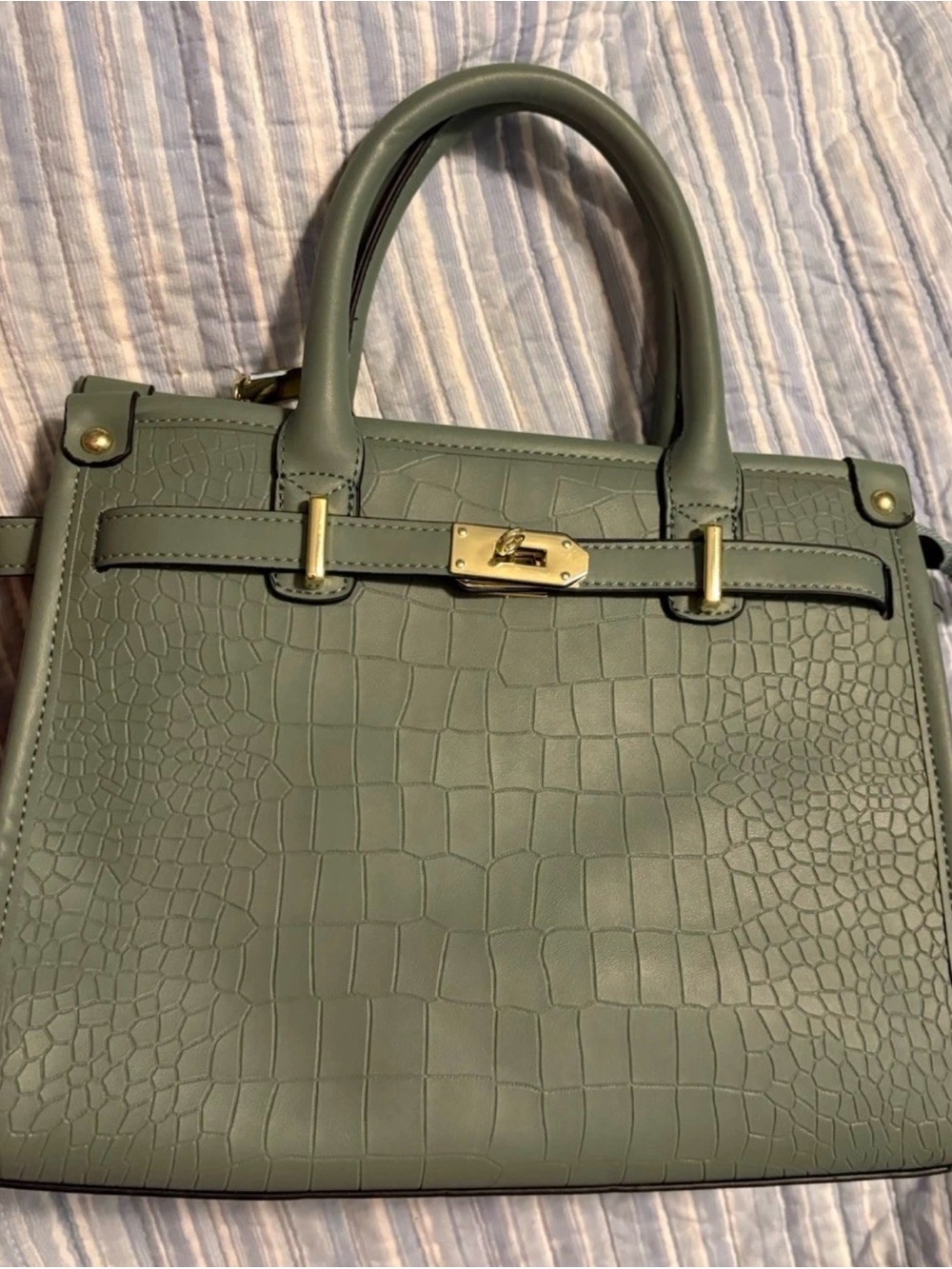 Sage Green Croc Embossed Satchel Handbag Gold Tone Hardware Soft Touch New